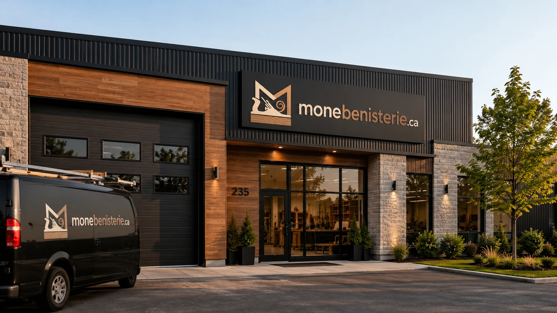 Façade d'un atelier d'ébénisterie avec camionnette de service