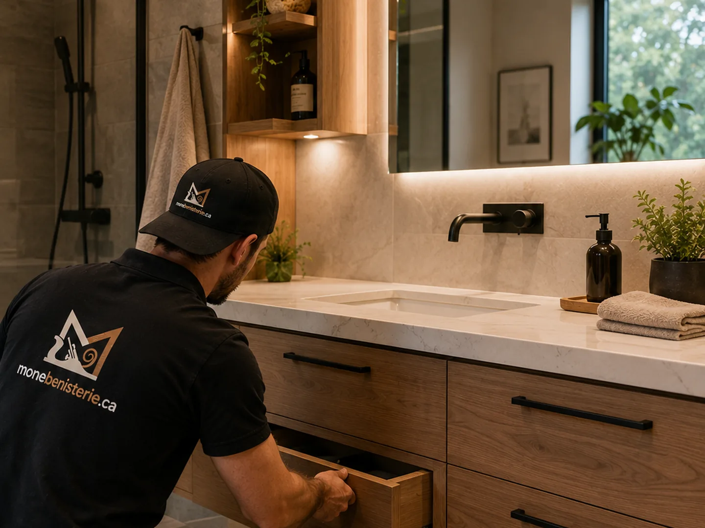 Installation d'une vanité de salle de bain en bois avec tiroirs