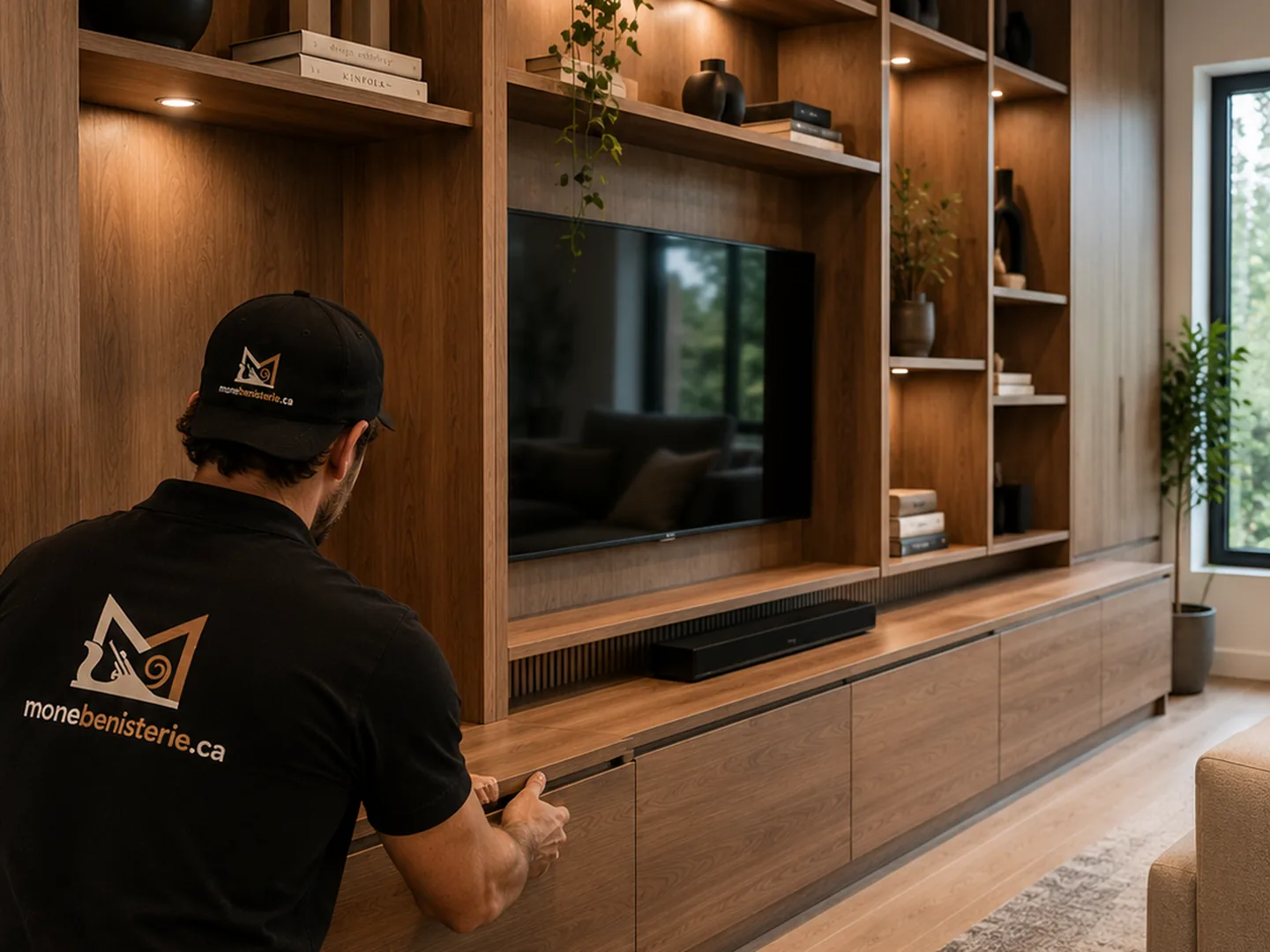 Pose d'un mur de rangement intégré avec meuble télé au salon