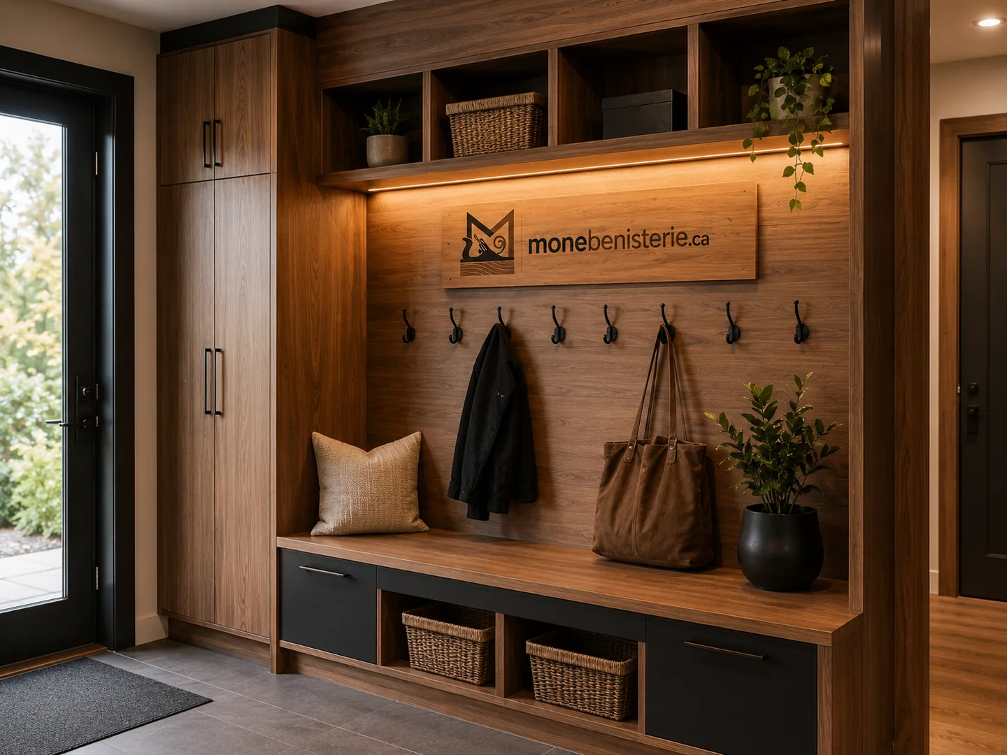 Vestiaire d'entrée en bois avec banc, crochets et rangements fermés